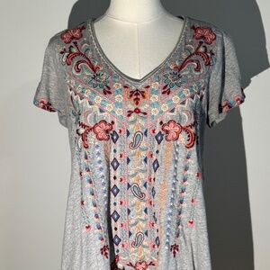 Johnny Was, Tua Cotton Jersey Embroidered Drape Top, Grey, Size S